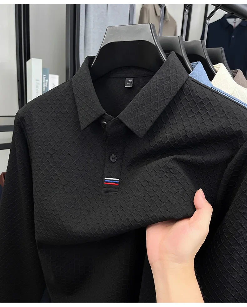 High quality fashion long sleeve polo shirt men's autumn new brand striped jacquard design Korean casual luxury lapel T-shirt