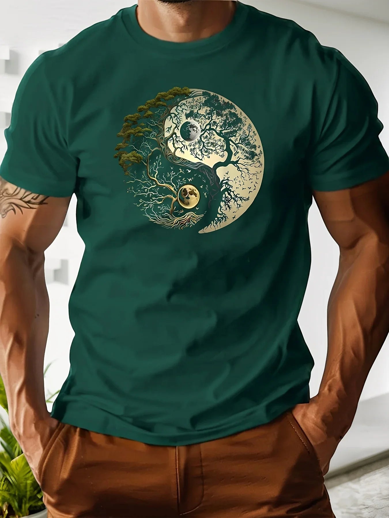 Men's summer 100% pure cotton fashionable casual loose sports yin-yang tree pattern print round neck short sleeved T-shirt top