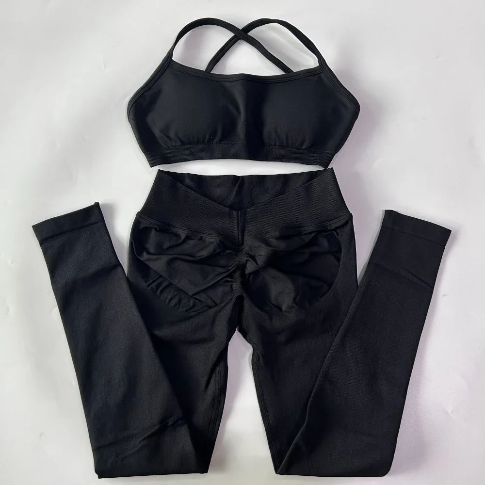2 Pieces Gym Set For Women Clothes Seamless Scrunch Yoga Leggings Set Backless Sports Bra Fitness Workout Top Yoga Set Outfits