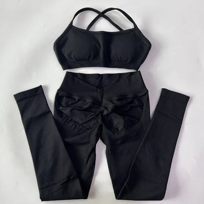 2 Pieces Gym Set For Women Clothes Seamless Scrunch Yoga Leggings Set Backless Sports Bra Fitness Workout Top Yoga Set Outfits