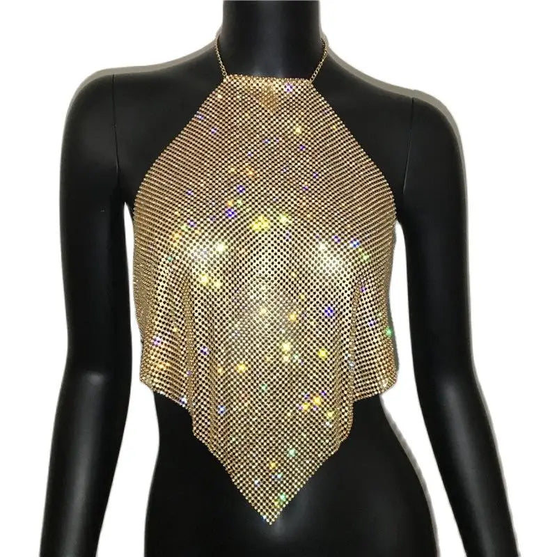 Fashion Summer Backless Tank Top Women Shiny Rhinestone Metal Sequins Halter Neck Camisole Rave Festival Party Crop Tops