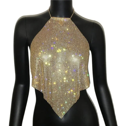 Fashion Summer Backless Tank Top Women Shiny Rhinestone Metal Sequins Halter Neck Camisole Rave Festival Party Crop Tops