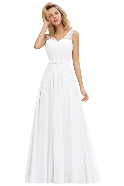 Elegant Bridesmaid Dress Pleated Bodice See-through Lace Cap Sleeves Maxi Flowy A-Line Skirt Wedding Party Gown Women