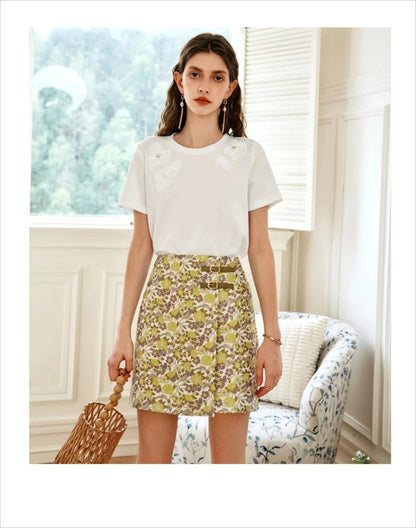 Women's Floral Mini Skirts 2026 Summer A-line Jacquard Irregular Chic Leather Buckle Short Skirt O21QB55108