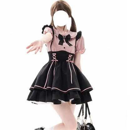 Cute Sweet Lolita Dr Set Women's School Sle Princ Skirt Blouse Two-Piece Set High Waist A-Line ort Sve Doll Collar