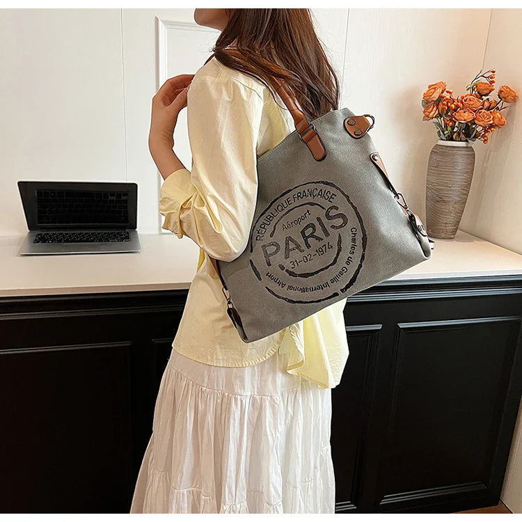 Portable Canvas New Trend Fashion Women's Bag Letter Large Capacity Tote Bag Leisure Commuting Single Shoulder Diagonal Span