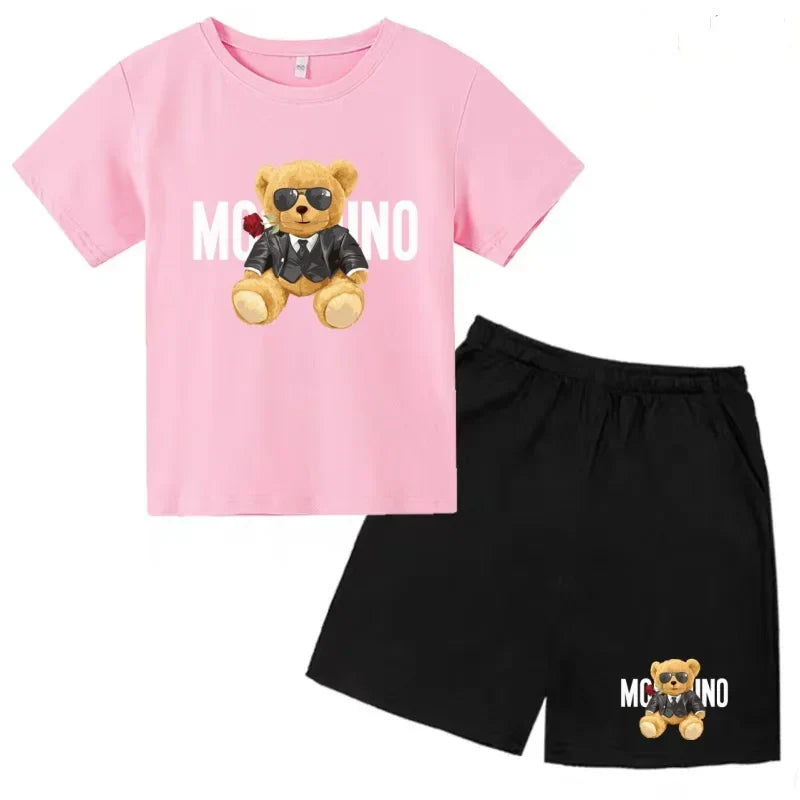 Boys Girls Summer Casual 2Pcs Set Lovely Bear Letter Print T-shirt & Shorts Comfortable Sports Running Suit