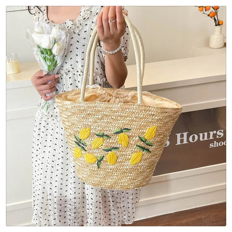 Embroidery Fruit Solid Color Shoulder Bag Straw Woven Hollow Versatile 2025 High Quality Bags for Women New Beach Handbags