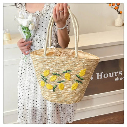 Embroidery Fruit Solid Color Shoulder Bag Straw Woven Hollow Versatile 2025 High Quality Bags for Women New Beach Handbags