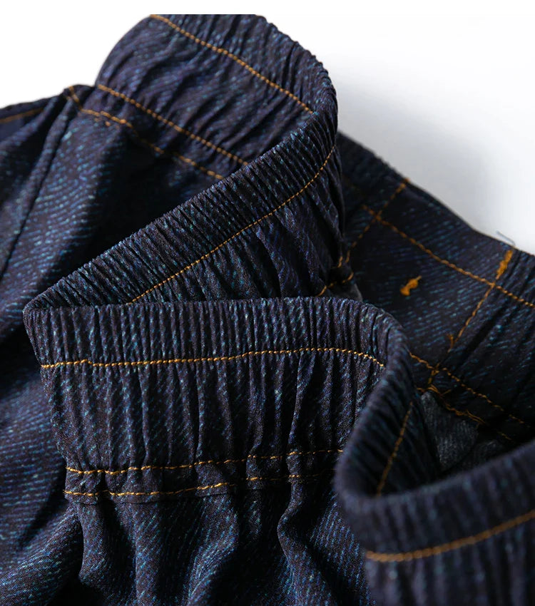 Women Pants 100% Mulberry Silk 16 momme Silk Loose Type Wide Leg Navy Jeans Printed Long Pants Trousers With Pockets L XL M1155