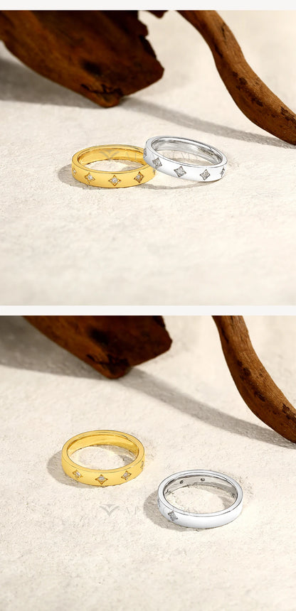 Round Cut Moissanite Rings Star Design for Women 925 Sterling Silver Ring Yellow Gold Plated Classic Engagement Jewelry