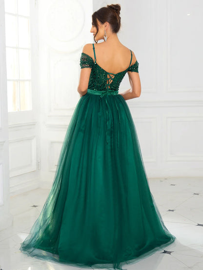 A Line Prom Evening Gown Off the Shoulder Backless Lace Up Sequin Patchwork Mesh Skirt Maxi Dresses for Women