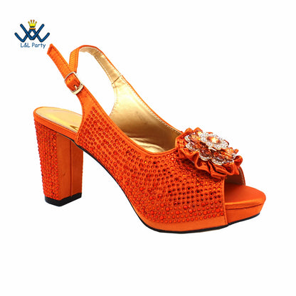 Special Design Women Crystal Style African Ladies Party Shoes Matching Bag in Magenta Color