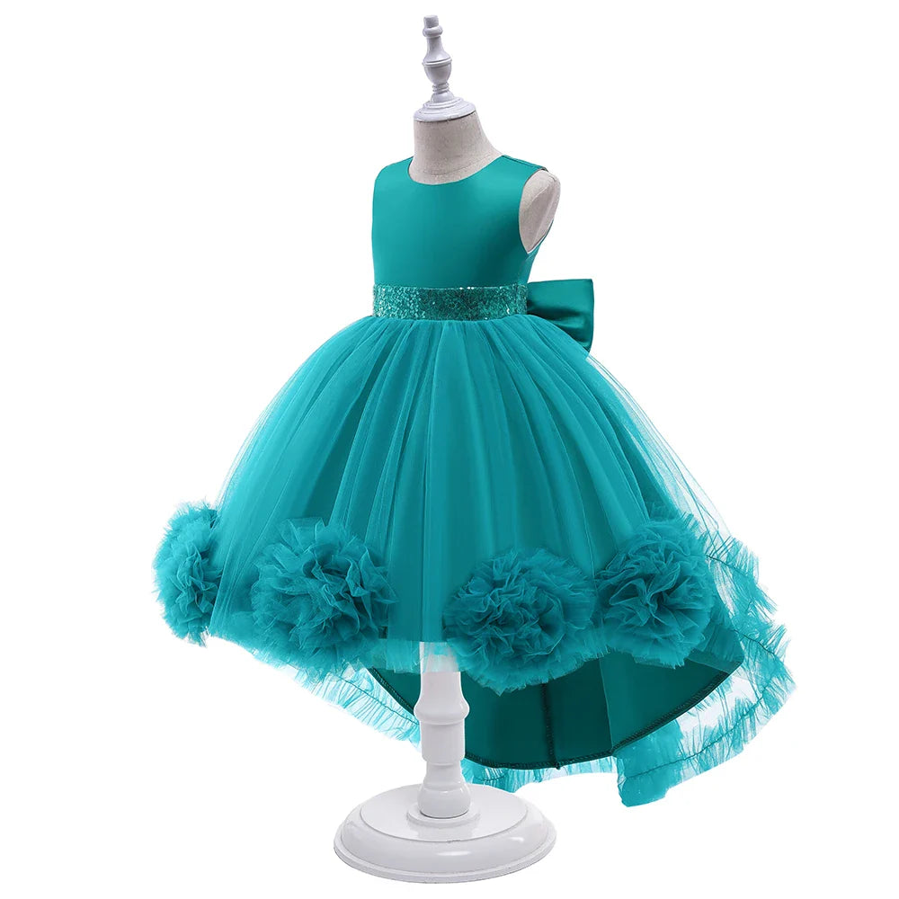 Elegant Trailing Flower Party Girls Dress Summer Wedding Bridesmaid Princess Prom Dress Girl Tull Bow Birthday Evening Ball Gown