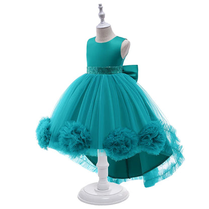 Elegant Trailing Flower Party Girls Dress Summer Wedding Bridesmaid Princess Prom Dress Girl Tull Bow Birthday Evening Ball Gown
