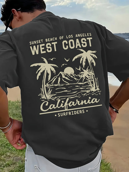 Summer Hot Selling Men's 100% Cotton T-Shirt, Casual Loose Fit, Retro California Beach Surf Print Short Sleeve Crew Neck T-Shirt