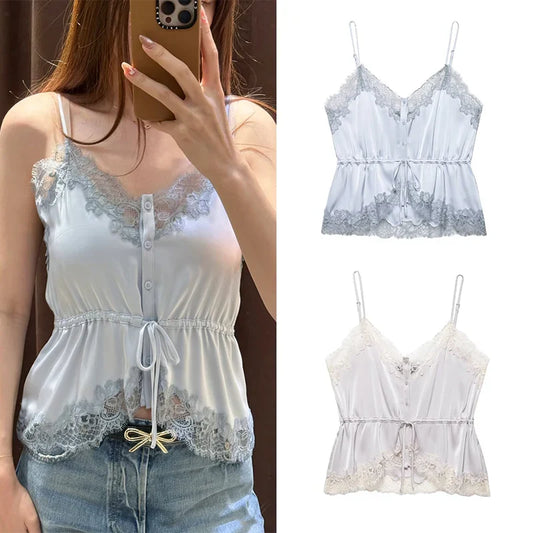 Women's Top 2026 New Spring Summer Lace Decoration Satin Textured Top for Women Chic Personality Female Spaghetti Strap Top