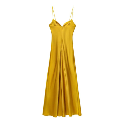 Women Red V-Neck Holiday Style Satin Texture Long Dress Sleeveless Summer Women's Back Zipper Fashion Sling Dresses