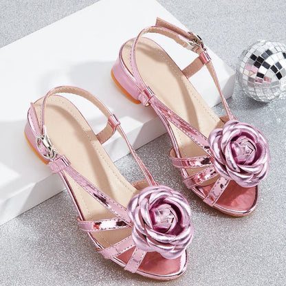 2025 Summer New Children's High Heels Fashion Flower Girls' Princess Sandals Silver Kid's Performance Dance Shoes 5-10 Years Old