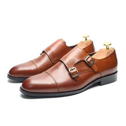 Luxury Men's Wedding Formal Shoes Genuine Leather Pure Brown Black Double Buckle Monk Strap Cap Toe Business Office Dress Shoes