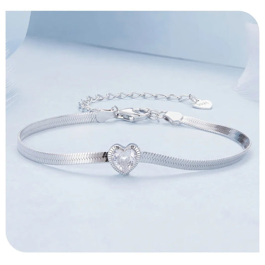 925 Sterling Silver Punk Herringbone Snake Chain Bracelet Heart Blade Chain Link Platinum Plated for Women Fine Jewelry