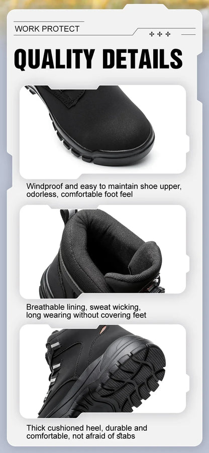 Leather Non Slip Work Boots for Men Rotating Button Safety Shoes Steel Toe Sneaker Male Puncture Proof Protective Boots
