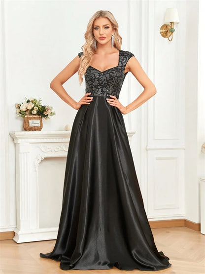 Vestido Longo Preto Elegante com Lantejoulas para Noite Feminino 2025 Luxuoso Decote U Cetim Formatura Festa Coquetel