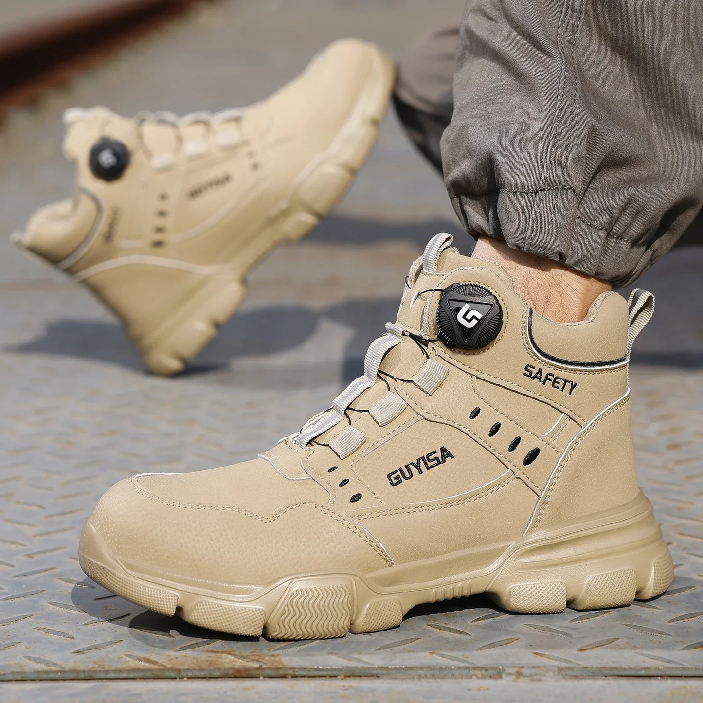 Men's Steel Head Work Shoes Anti Smash and Anti stab Khaki High Top Intelligent Buckle Simple Fashion Industrial Style Pr