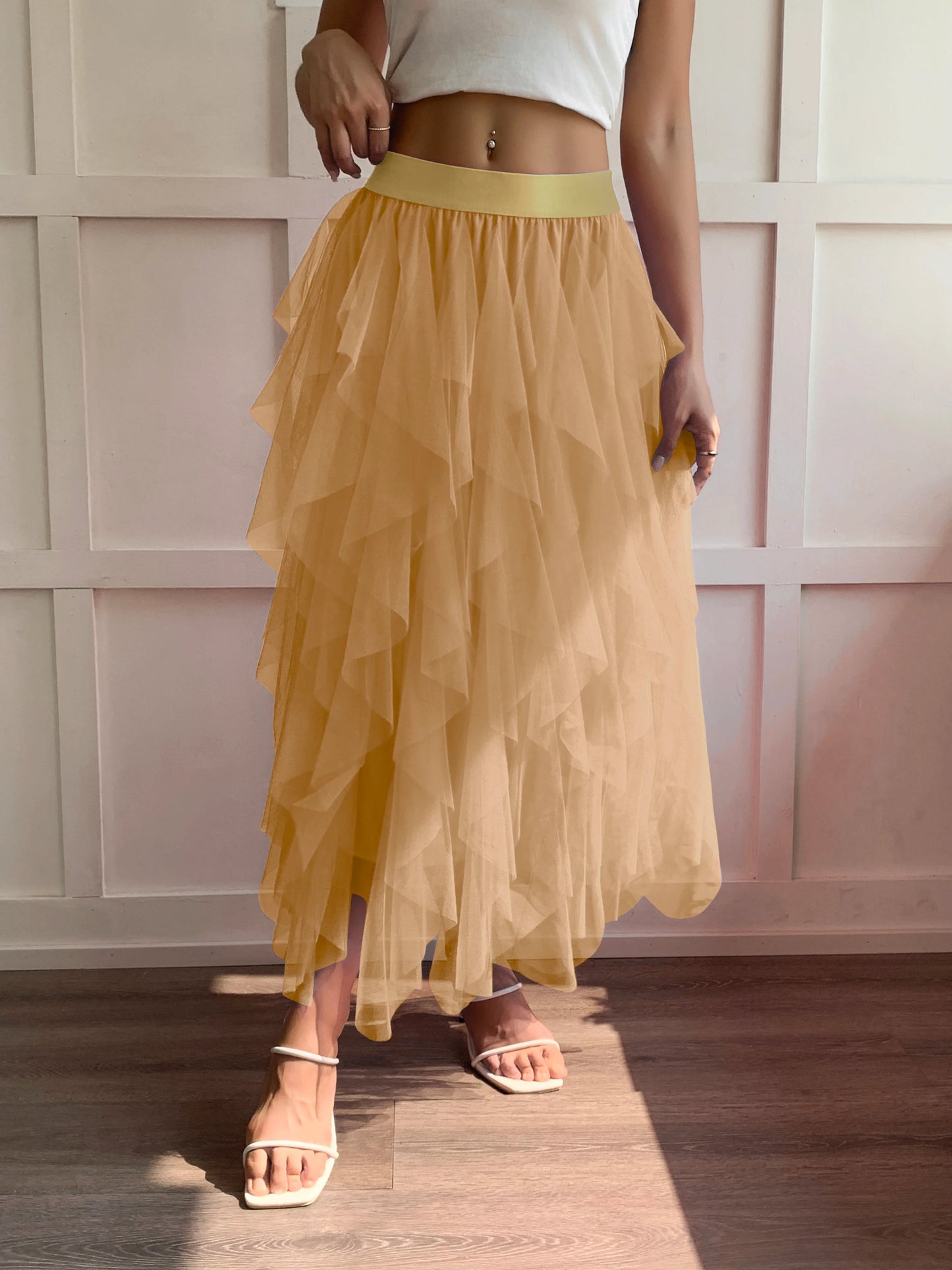 Medium waist chiffon long skirt for women, irregular layered pleated edge layered cake skirt, elegant fairy A-line skirt