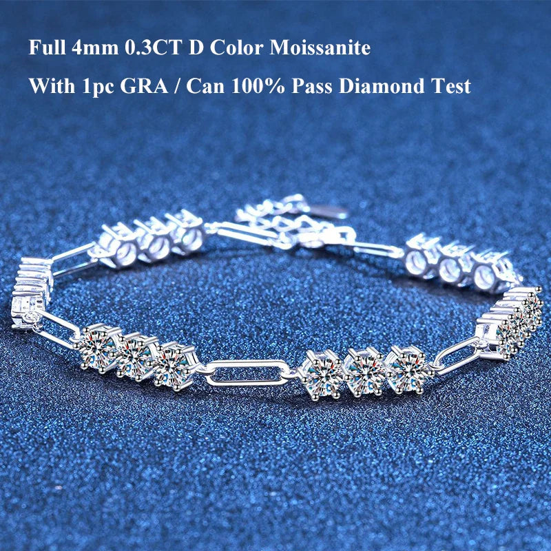 4mm 0.3CT D Color Round  Moissanite Diamond Link Bracelet for Woman Man 925 Silver Adjustable 16cm Chain Bracelets GRA Gift