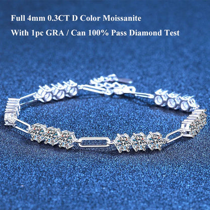 Full 4mm 0.3CT D Color VVS1 Moissanite Diamond Link Bracelet for Woman Man 925 Silver Adjustable 16cm Chain Bracelets GRA