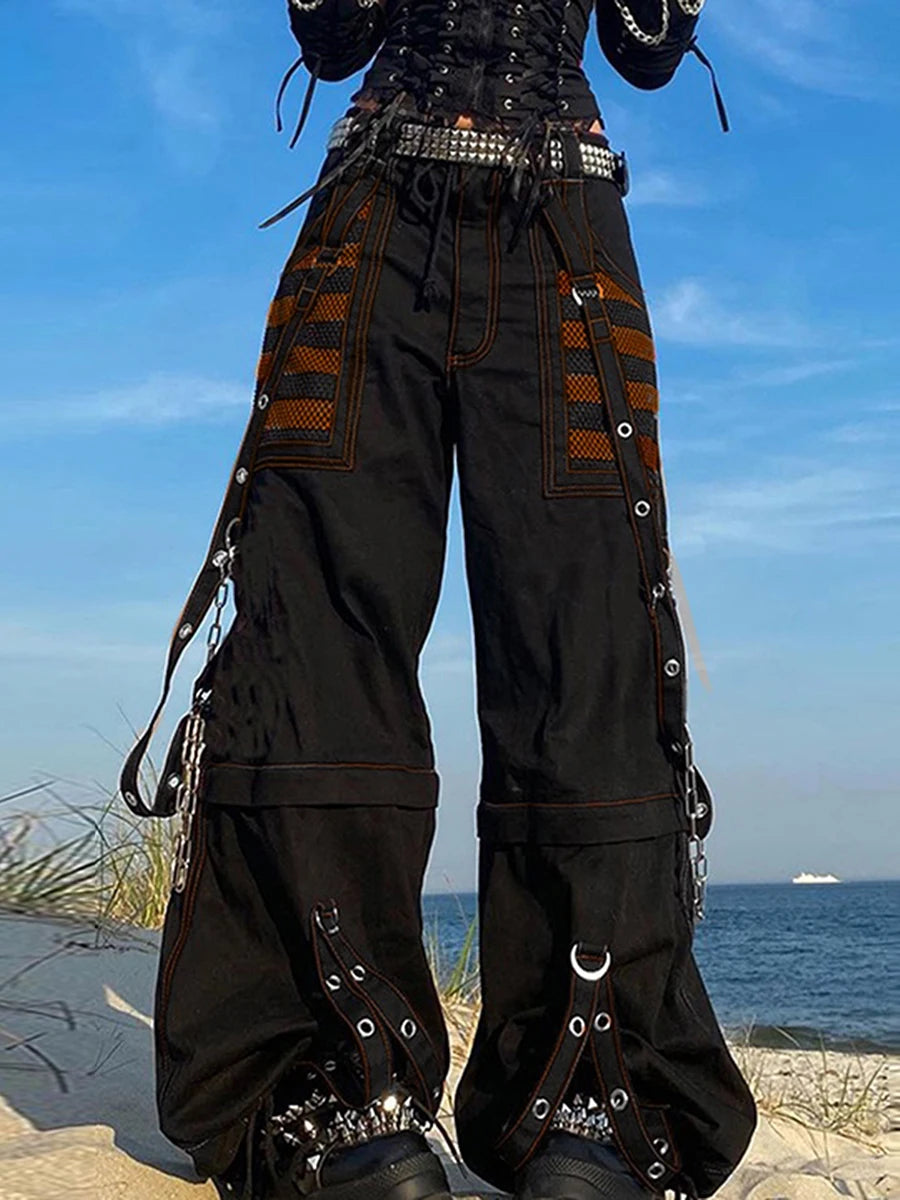 Women Fall Winter Cargo Jeans Striped Zipper Button Closure Loose Casual Trousers Streetwear with Pockets