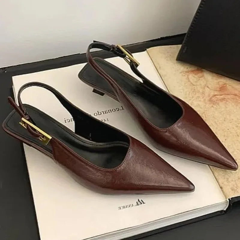 Sexy Pointed Toe Mid Heels Sandals Women Shoes Slingback Summer 2025 Trend Dress Leather Pumps New Elegant Party