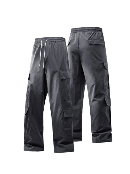Men's Spring and Autumn Multi-Pocket Cargo Pants with Elastic Waistband and Drawstring Adjustment, Solid Color Multi-Pocket Long Pants Suitable for Outdoor Sports and Leisure