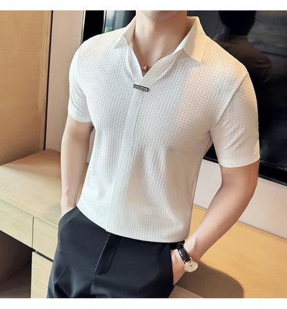 High-Grade Ice Silk Seamless Adhesive Polo Shirt, High-Elastic V-neck Thin Waffle Short-Sleeved Golf Shirt, T-shirt