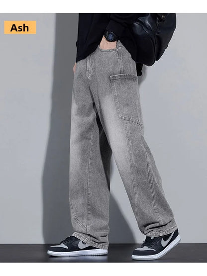 Calça Jeans Masculina de Outono e Inverno, Estilo Americano, com Bolsos Retos e Versátil, em Três Cores para Escolher