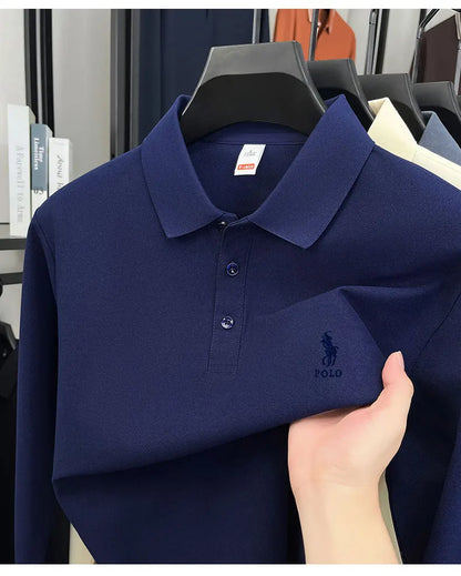 2025 autumn men's long sleeved T-shirt with a solid color polo shirt and a loose casual plus size base shirt
