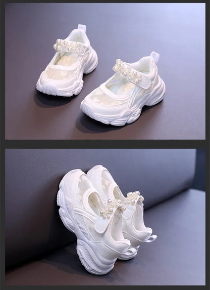 Girls Tennis Shoes Mesh Hollowed 2024 Summer New Children Solid Color Pearl Sports Shoes Kids Princess Sneakers Cute Heart