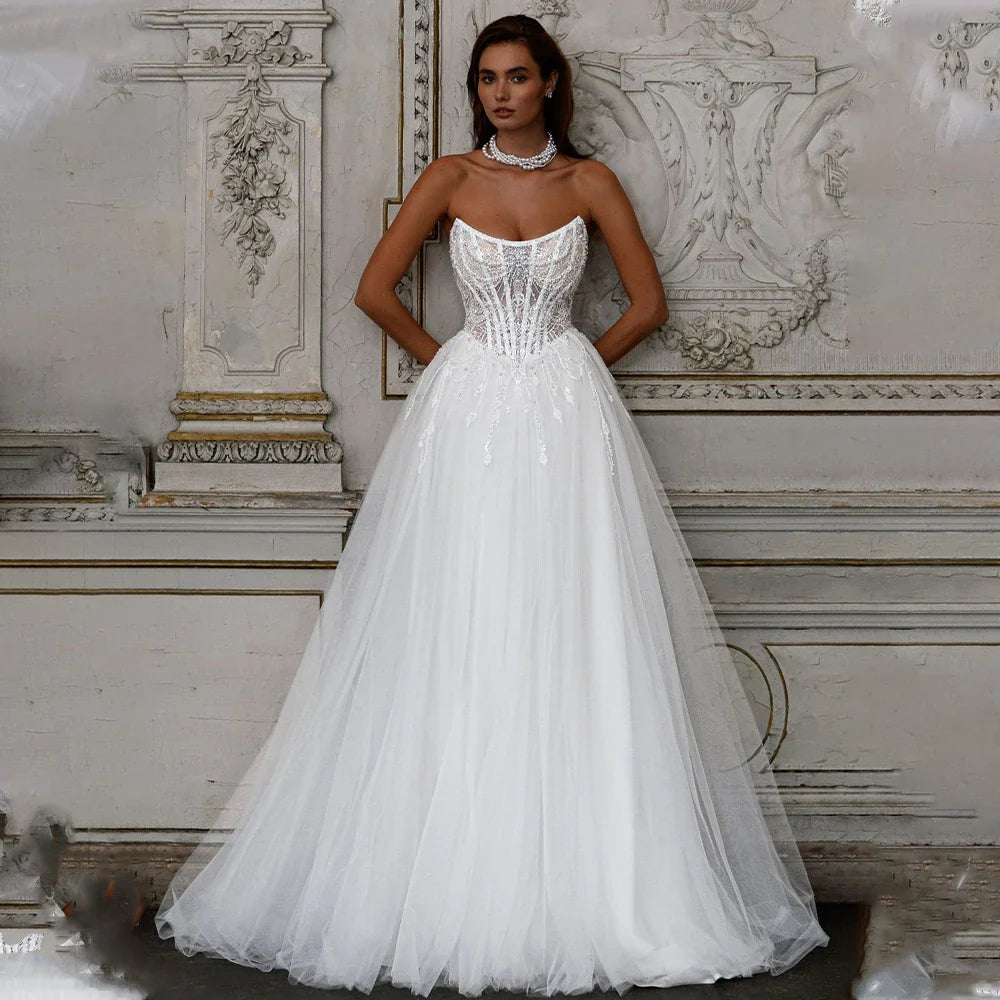 Neckline Beaded Lace Bridal Grown A Line Wedding Dresses Sweep Train Custom Made 2025 Vestido De Noival
