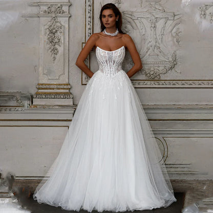 Neckline Beaded Lace Bridal Grown A Line Wedding Dresses Sweep Train Custom Made 2025 Vestido De Noival