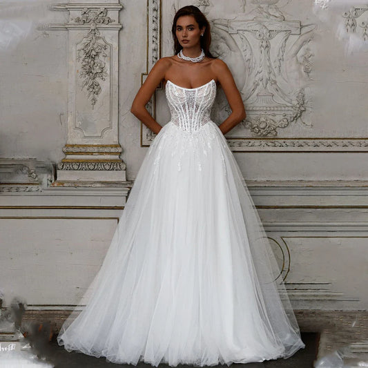 Neckline Beaded Lace Bridal Grown A Line Wedding Dresses Sweep Train Custom Made 2025 Vestido De Noival