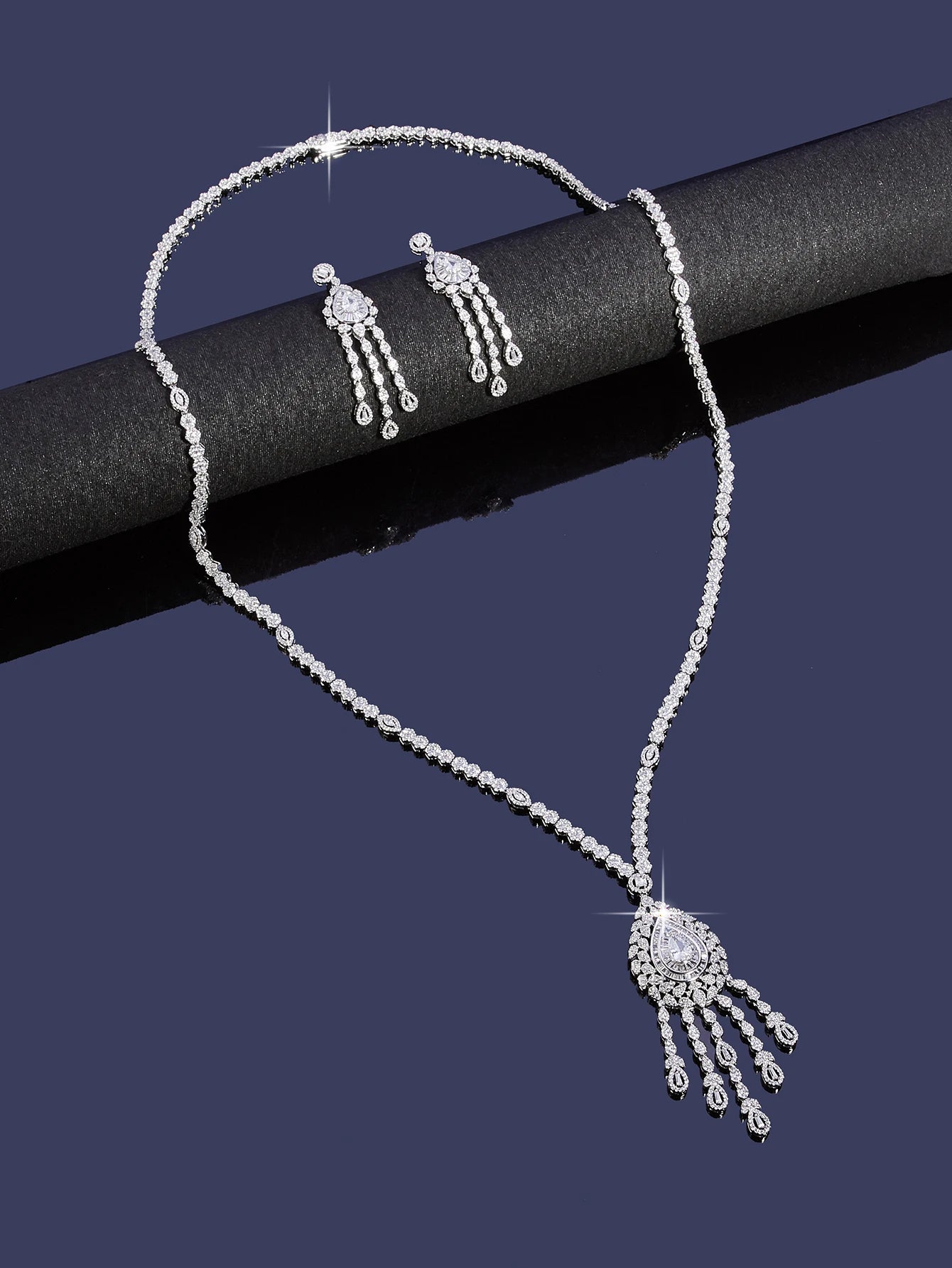 Luxury Geometric Water Drop Long Necklace Earrings Ring Sets For Women Cubic Zirconia CZ African Dubai Bridal Jewelry