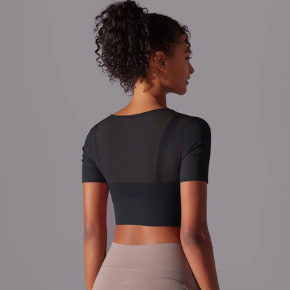 Women's Mesh Yoga Shirt Sexy Short Sleeve T-Shirt Sport Top Blouse Cover Up Quick Dry Gym Clothes Running Fitness Tank Sportwear