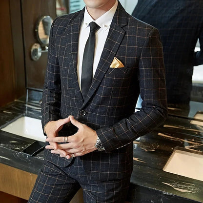Men's Slim Fit Plaid Wedding Suit Jacket Korean Style Business Casual Single-breasted Suit with Set Wedding Groomsmen Wear