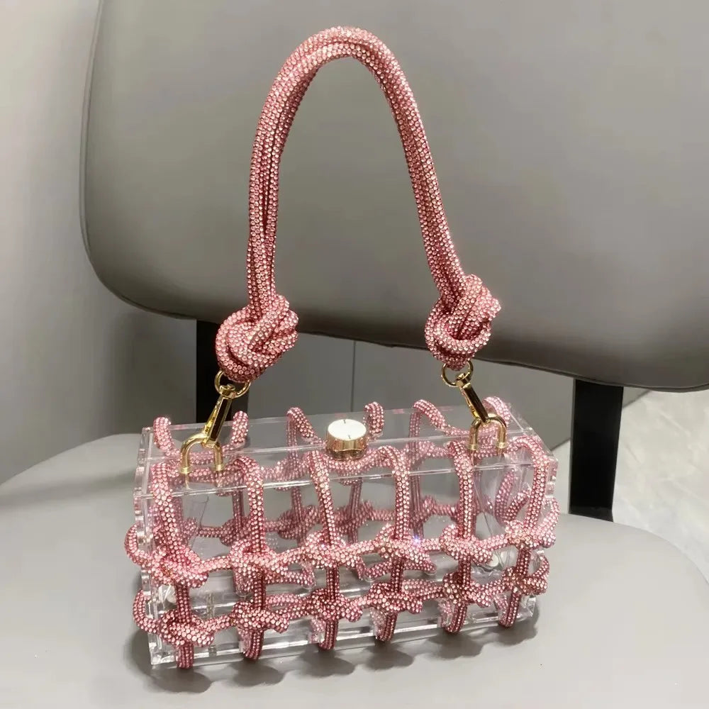 Bolsa de Noite com Alça e Strass Prateada de Cristal Feita à Mão para Mulheres, Bolsas e Bolsas de Mão de Designer de Luxo para Banquete
