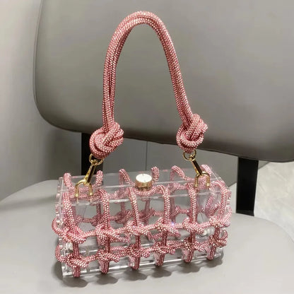 Bolsa de Noite com Alça e Strass Prateada de Cristal Feita à Mão para Mulheres, Bolsas e Bolsas de Mão de Designer de Luxo para Banquete