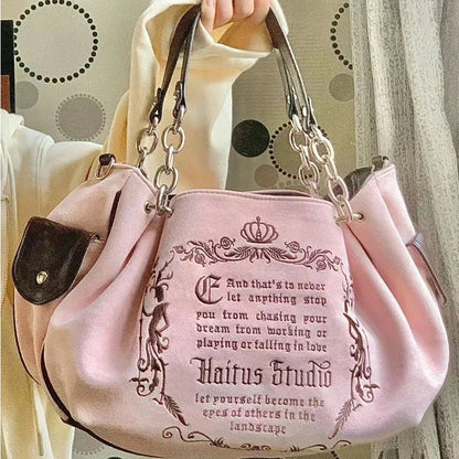Bolsa Tote Feminina Rosa Vintage Y2K Gótica Estética Grande Capacidade Bordado Letra Retrô Corrente Grunge Viagem Ombro