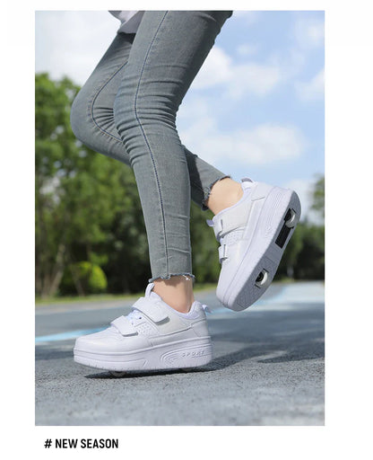 Autumn 2025 Kids Walking Shoes Detachable Double Wheel Roller Skates Boy Leather Student Shoe Four Wheeled Children Shoes Girl
