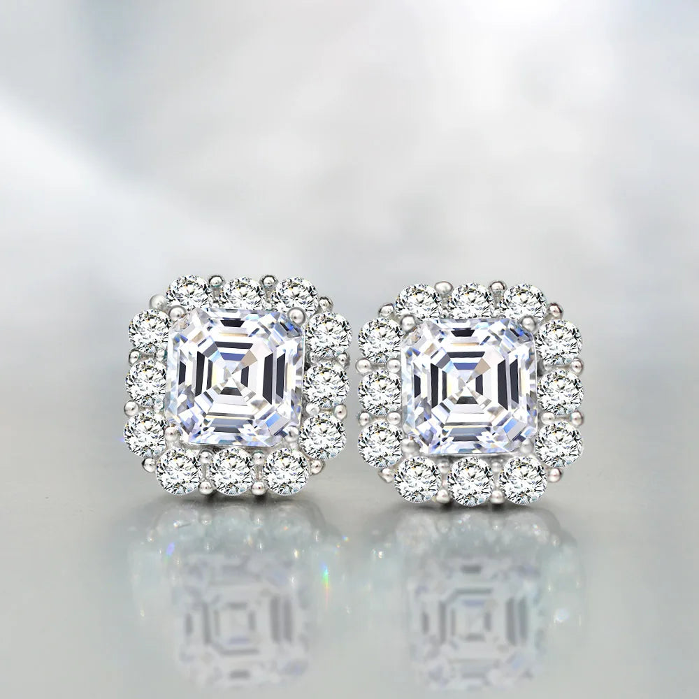 1/2carat Asscher Cut Moissanite Stud Earrings with Certificates Square Halo Diamond Earring for Women 925 Silver Fine Jewelry