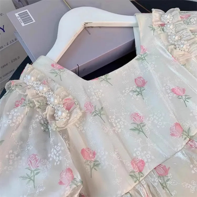 2 3 4 5 6 8 Years Girls Princess Dress Summer New Full Print Flowers Puff Sleeve Bow Mesh DresseTutu Birthday Party Gown